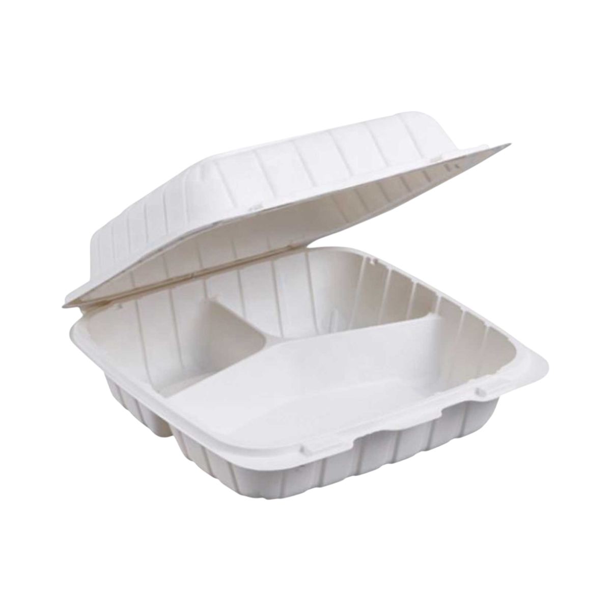 7" x 7" x 2.5" 3-Compartment White Plastic Clamshell Container