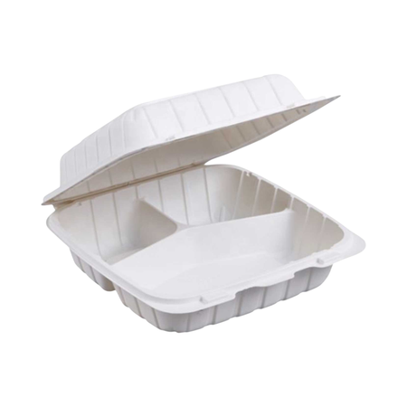 7" x 7" x 2.5" 3-Compartment White Plastic Clamshell Container
