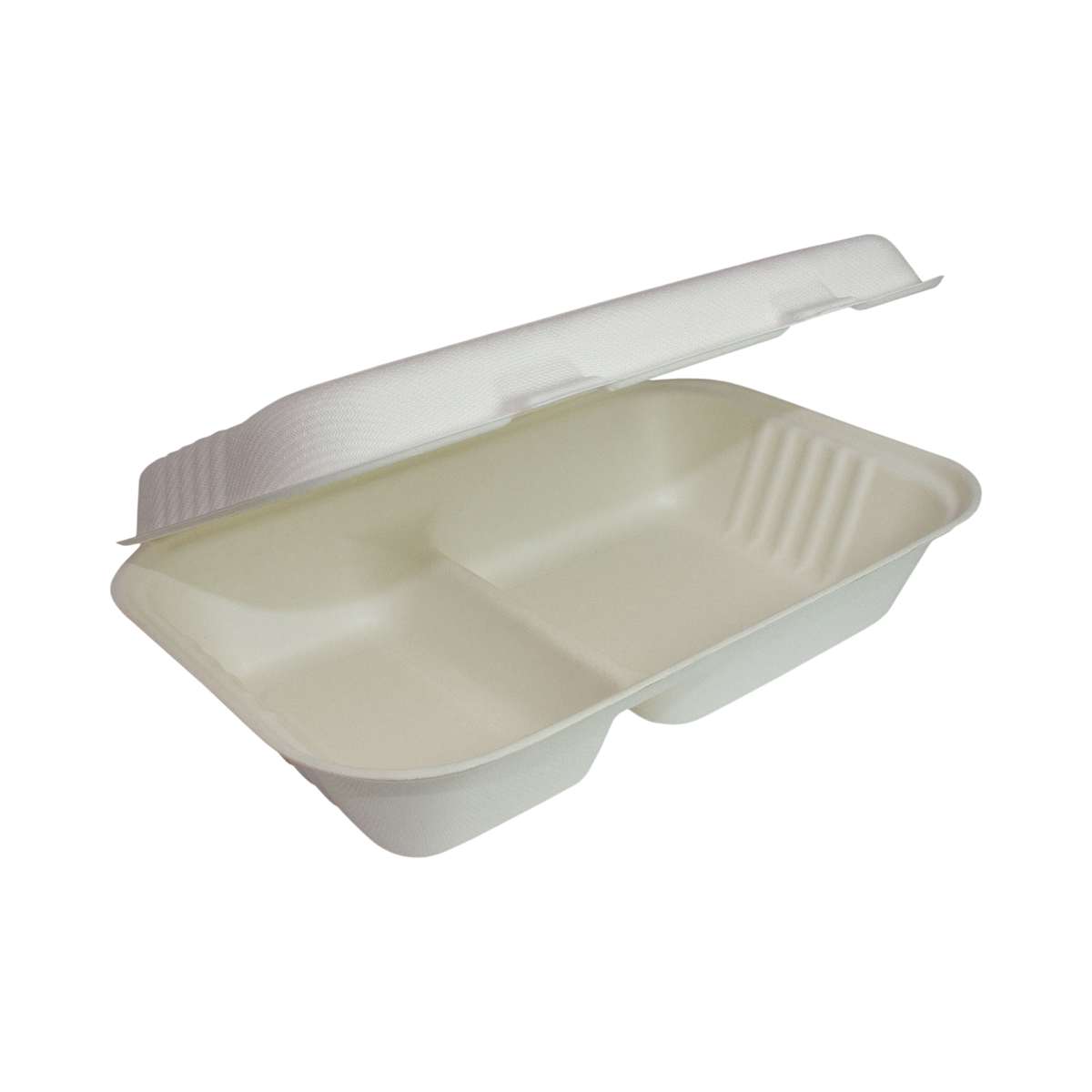 9" x 6" x 3" 2-Compartment White Bagasse Clamshell Container