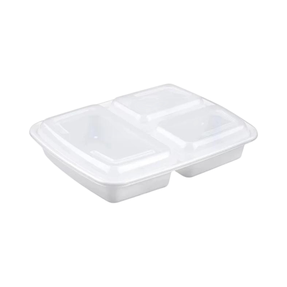 39 oz 3-Compartment Rectangular White Plastic Container Clear Lid Combo