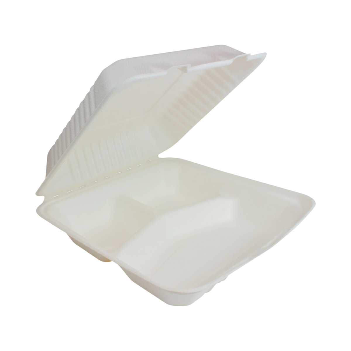 9" x 9" x 3" 3-Compartment White Bagasse Clamshell Container
