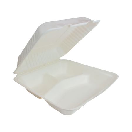 9" x 9" x 3" 3-Compartment White Bagasse Clamshell Container
