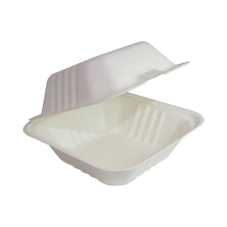 6" x 6" x 3" White Bagasse Clamshell Container