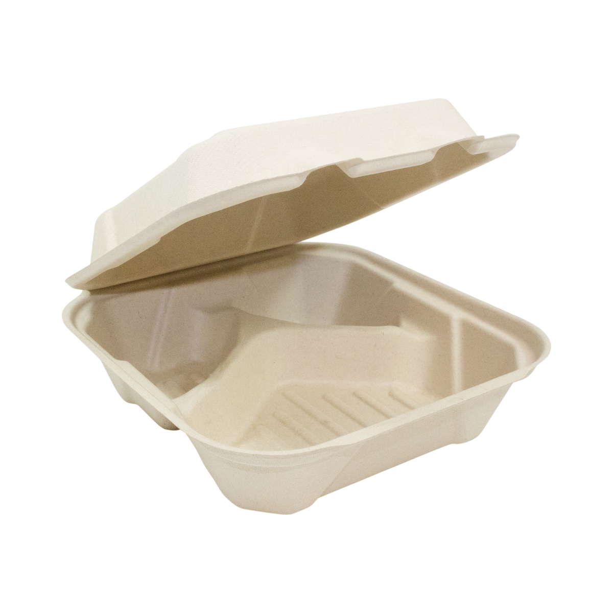8" x 8" x 3" 3-Compartment Natural Bagasse Clamshell Container