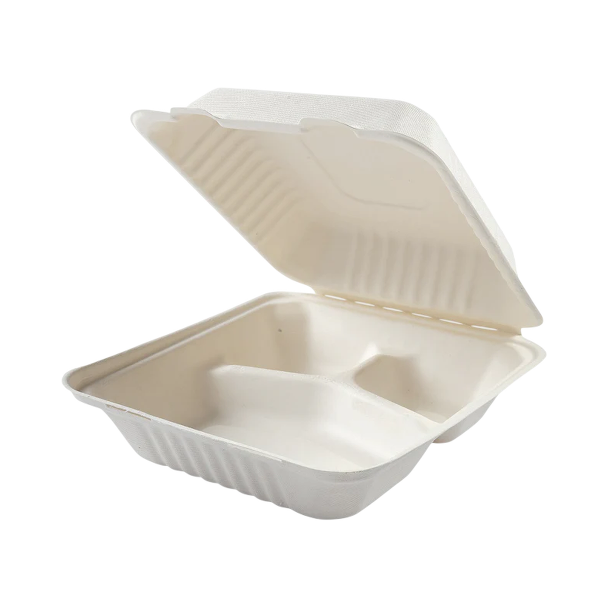 8" x 8" x 3" 3-Compartment White Bagasse Clamshell Container