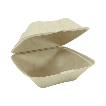 6" x 6" x 3" Natural Bagasse Clamshell Container No PFSA