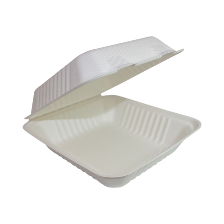 9" x 9" x 3" White Bagasse Clamshell Container