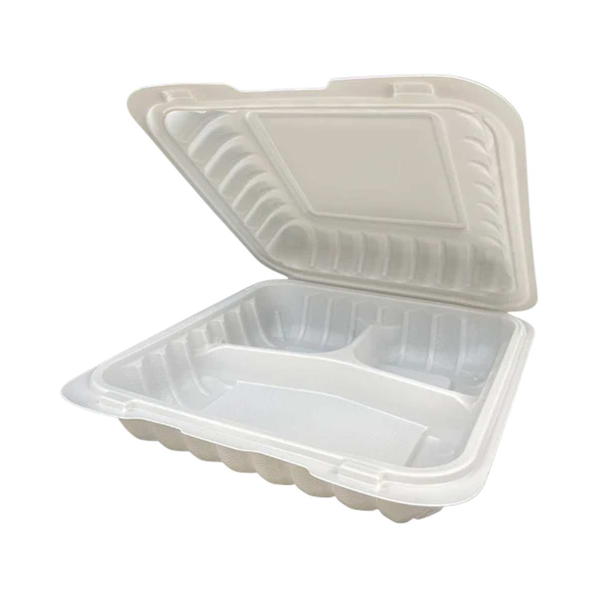9" x 9" x 3" 3-Compartment White Plastic Clamshell Container