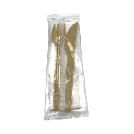 3-Pcs Beige Heavy Cornstarch Cutlery Kit (Fork / Knife / Napkin)
