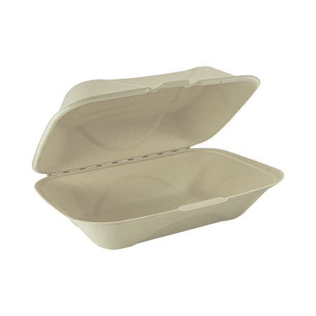 9" x 6" x 3" Natural Bagasse Clamshell Container No PFSA