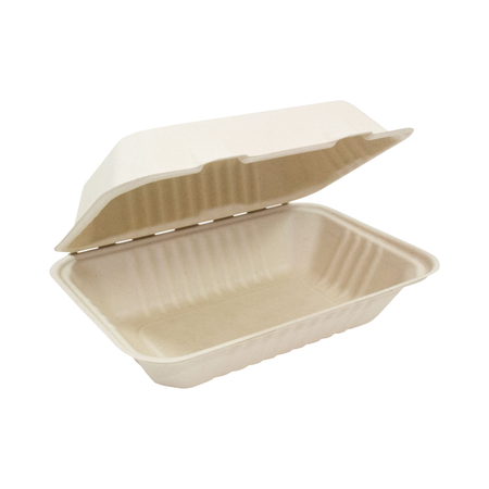 9" x 6" x 3" Natural Bagasse Clamshell Container