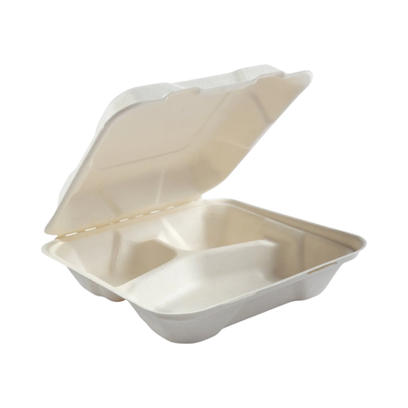 7.8" x 7.8" x 2.5" 3-Compartment White Bagasse Clamshell Container