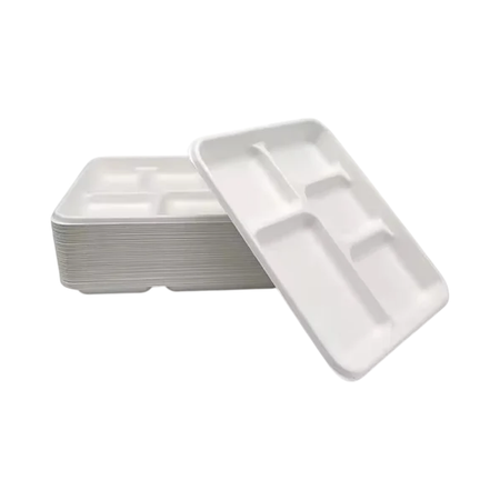 10.5" x 8" x 1" 5-Compartment Rectangular White Bagasse Tray