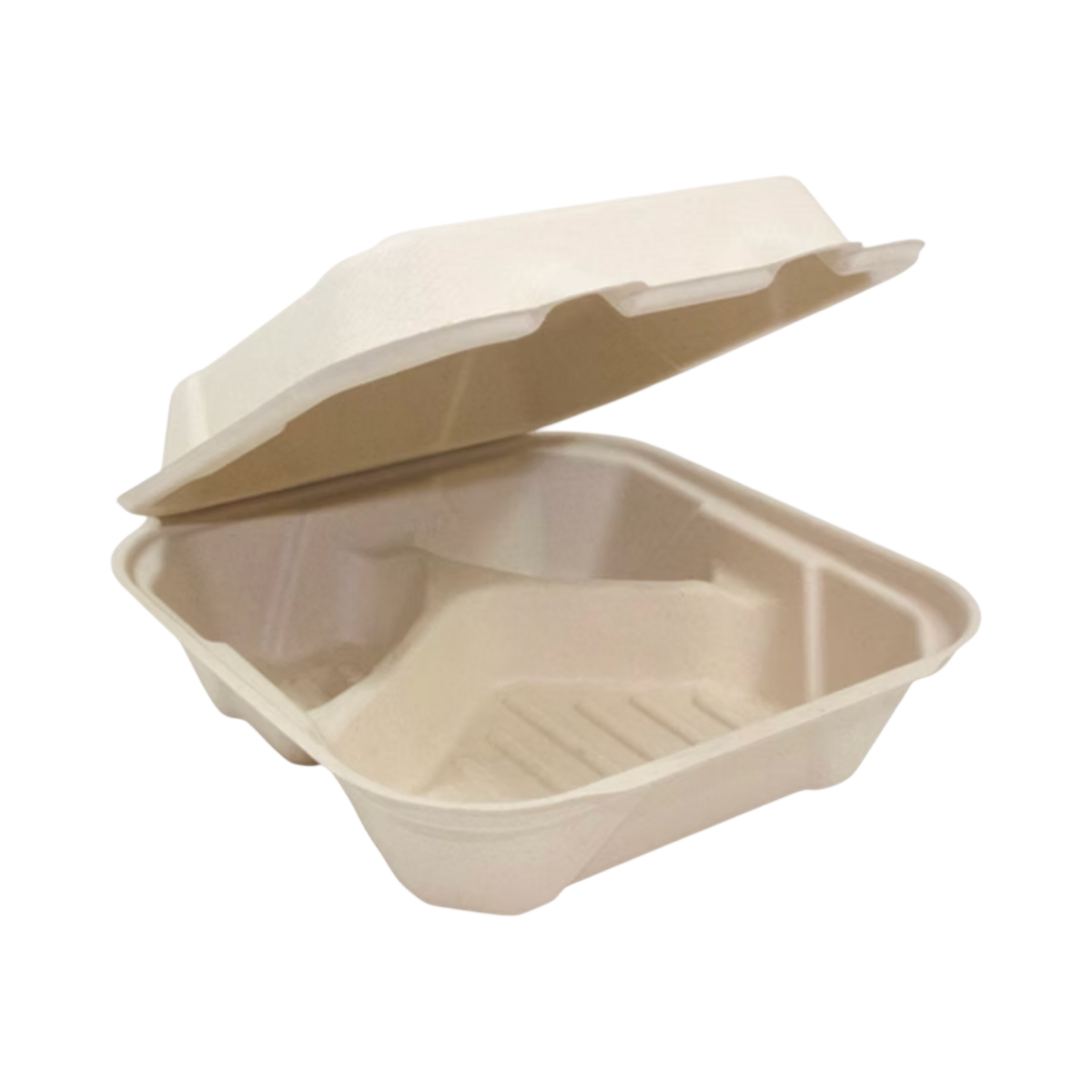 9" x 9" x 3" 3-Compartment Natural Bagasse Clamshell Container