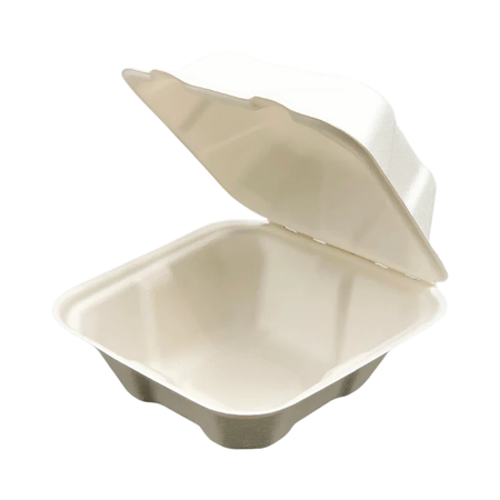 5" x 5" x 3" White Bagasse Clamshell Container