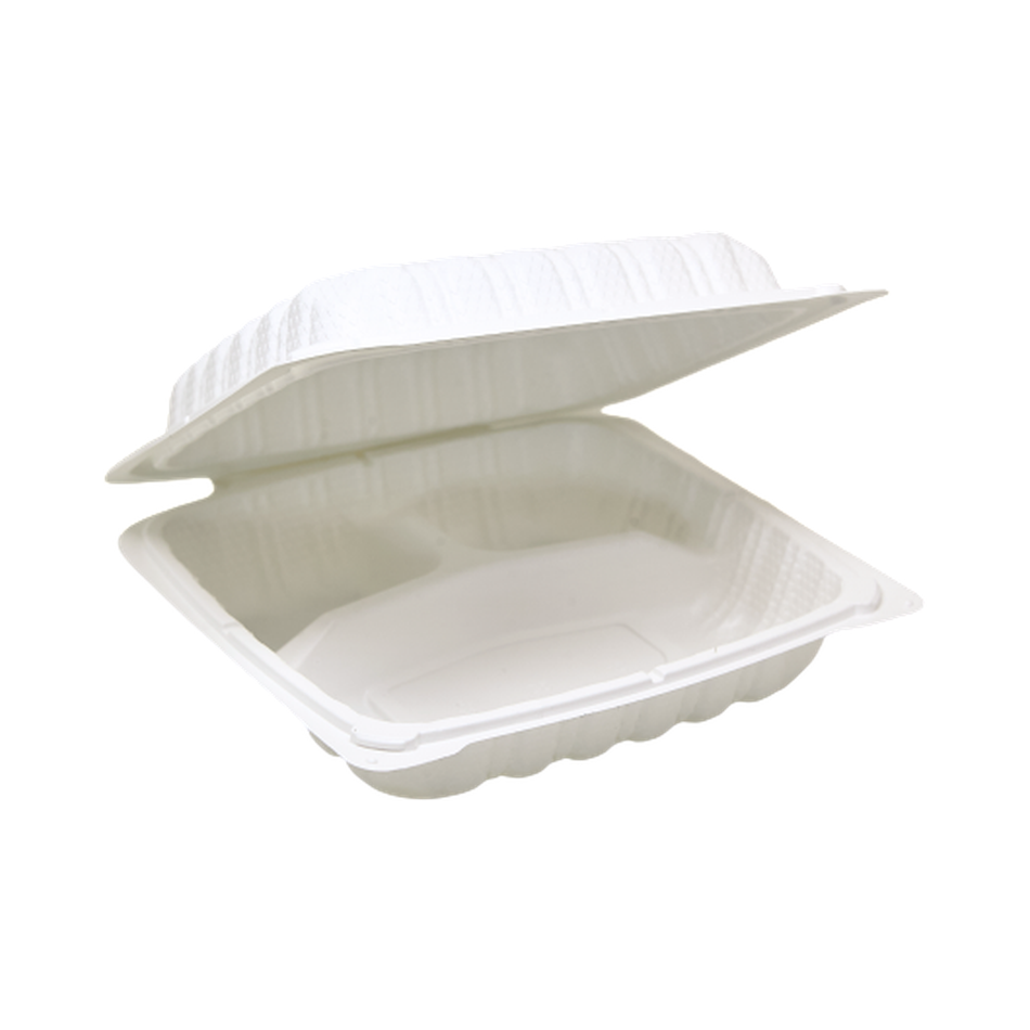 8" x 8" x 3" 3-Compartment White Plastic Clamshell Container