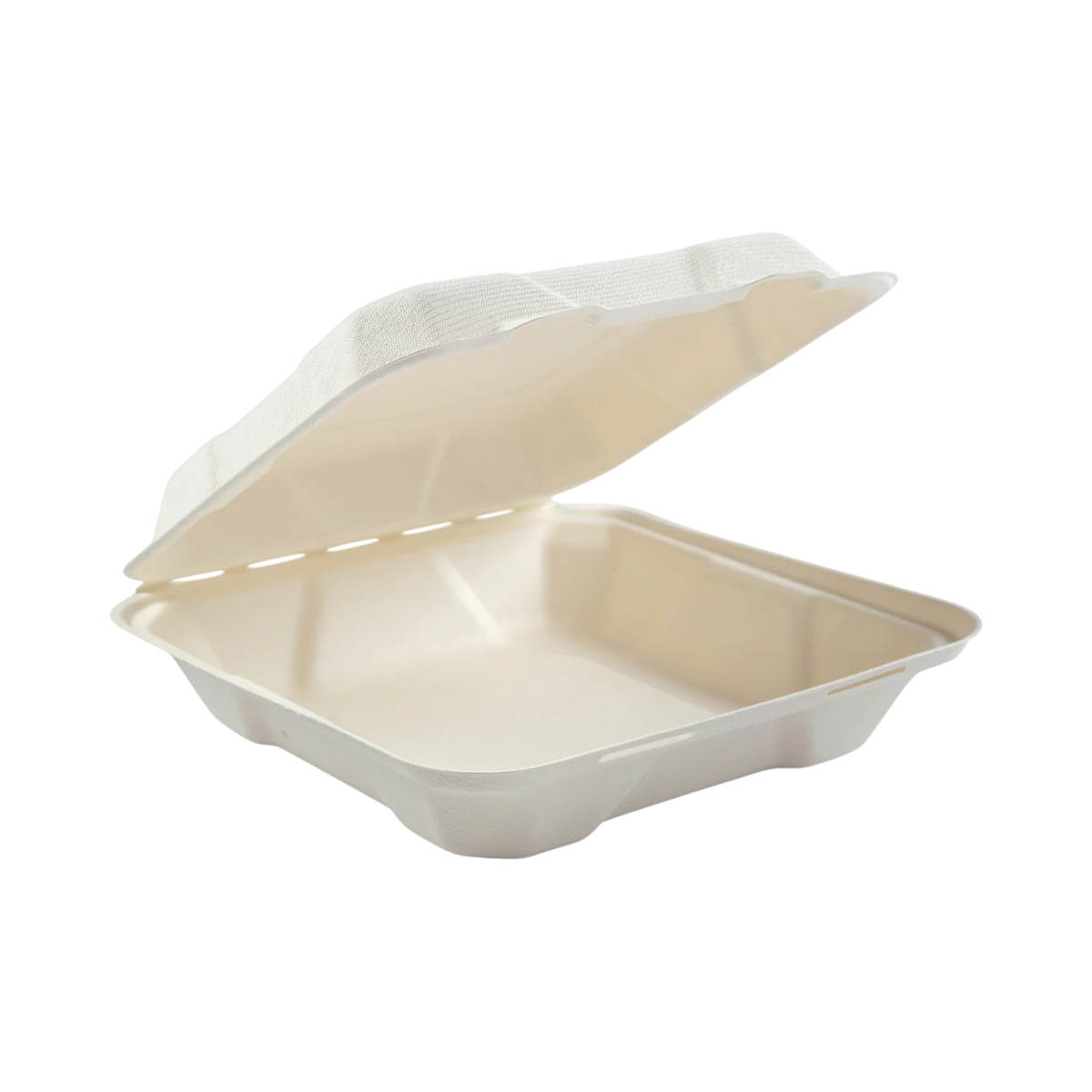7.8" x 7.8" x 2.5" White Bagasse Clamshell Container