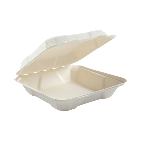 7.8" x 7.8" x 2.5" White Bagasse Clamshell Container