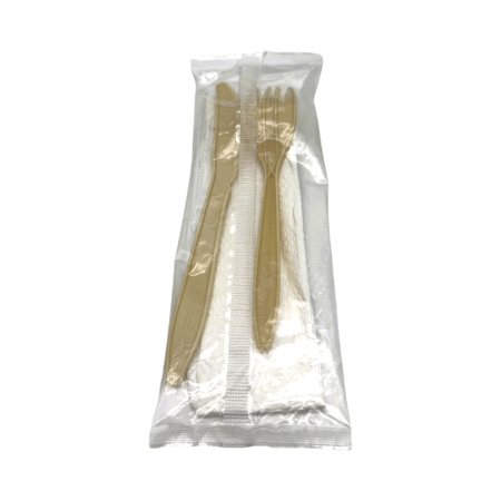 3-Pcs Beige Cornstarch Cutlery Kit (Fork / Knife / Napkin)